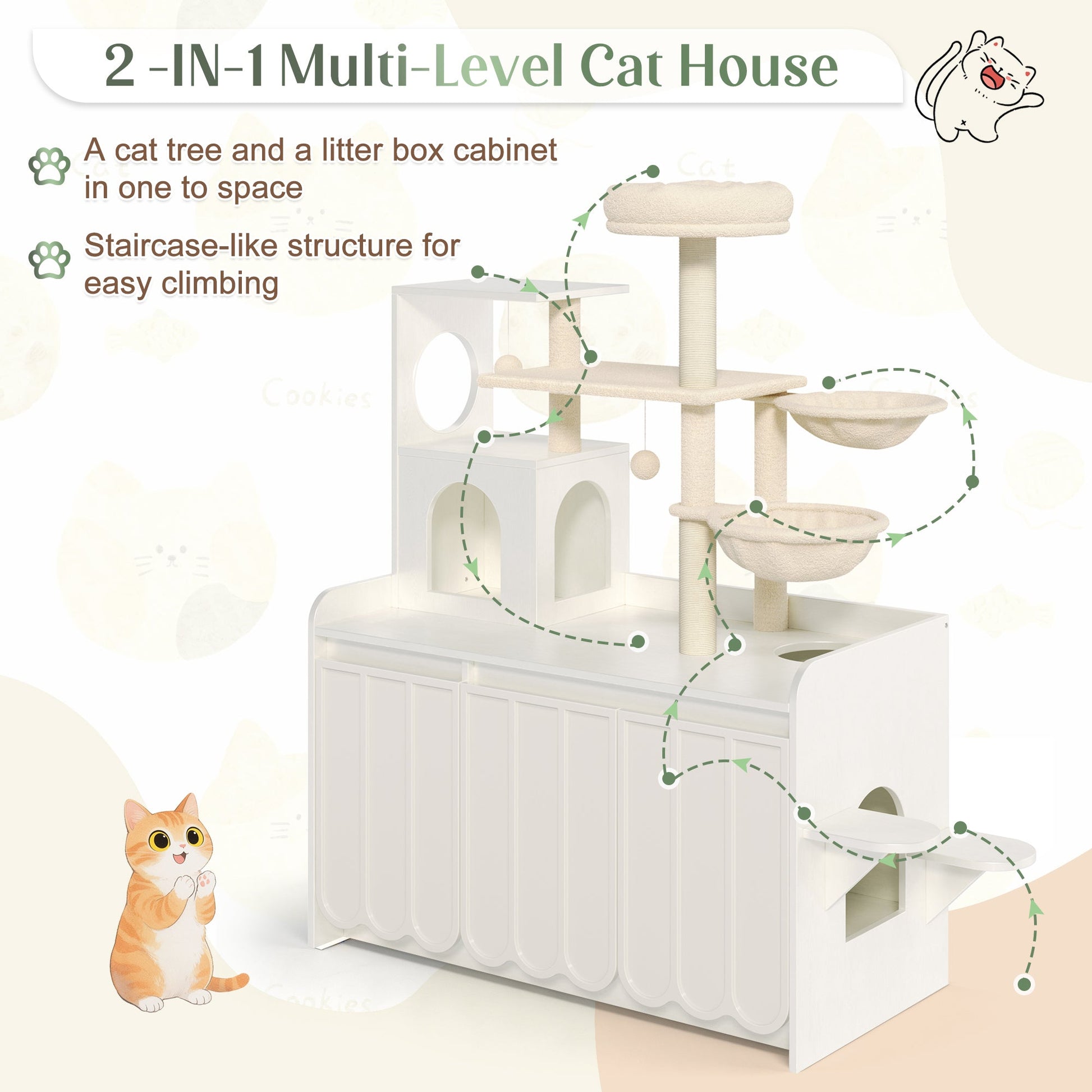 2-in-1 multi-level cat house with litter box enclosure, beige sisal scratching posts and storage on Tampa Home & Garden Store