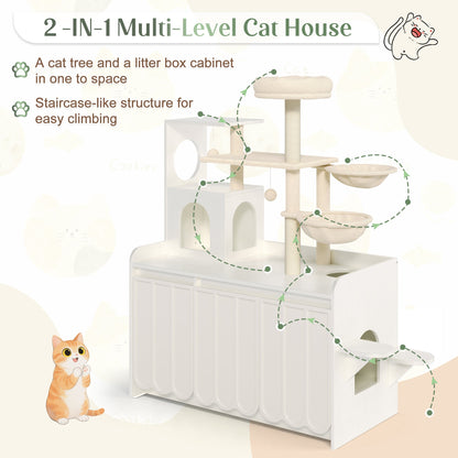 2-in-1 multi-level cat house with litter box enclosure, beige sisal scratching posts and storage on Tampa Home & Garden Store