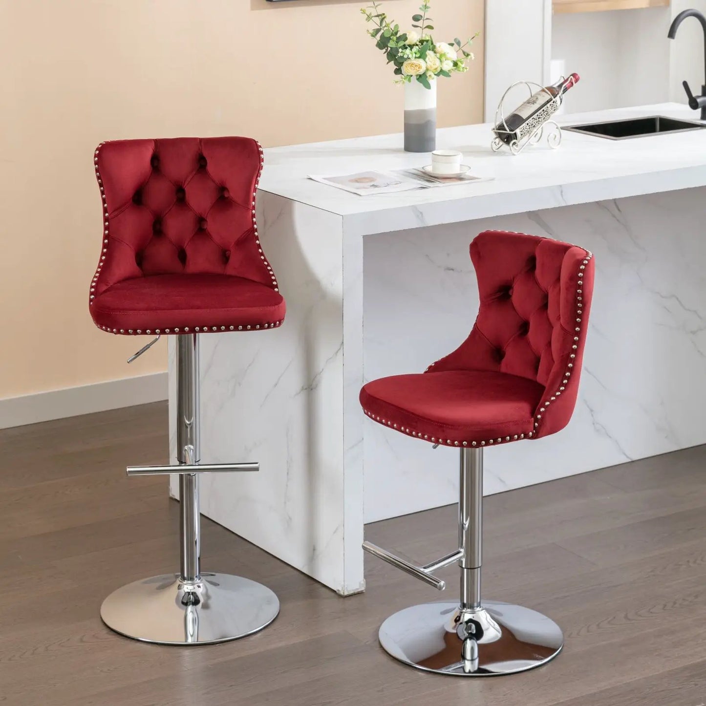 Red tufted swivel barstools with backs, adjustable height 25–33 in, chrome bases, set of 2 on Tampa Home & Garden Store