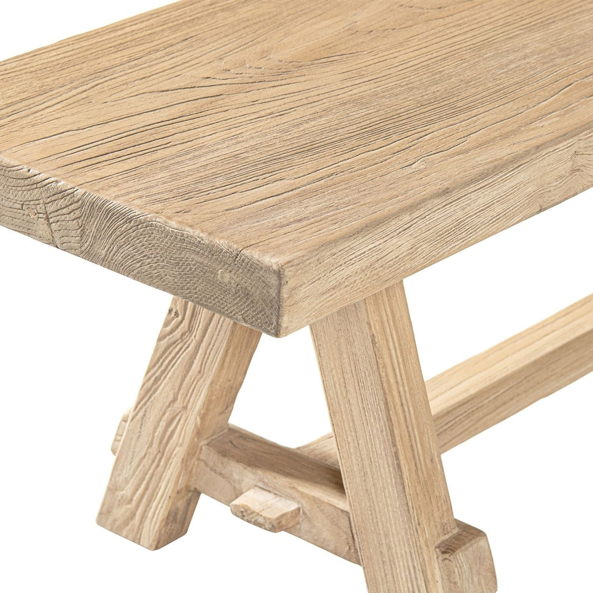Natural dining bench with pillar base, reclaimed elm, light wood grain, HouseOfZazla on Tampa Home & Garden Store