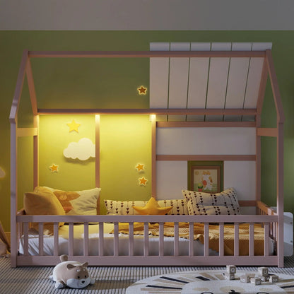 House Floor Bed With 7 Color LED Light Bookshelf