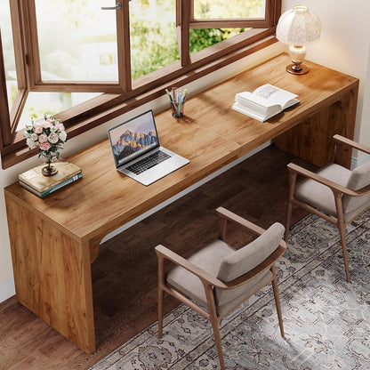 Extra Long 2 Person Computer Desk with Heavy-Duty Frame in light brown wood, two chairs on Tampa Home & Garden Store