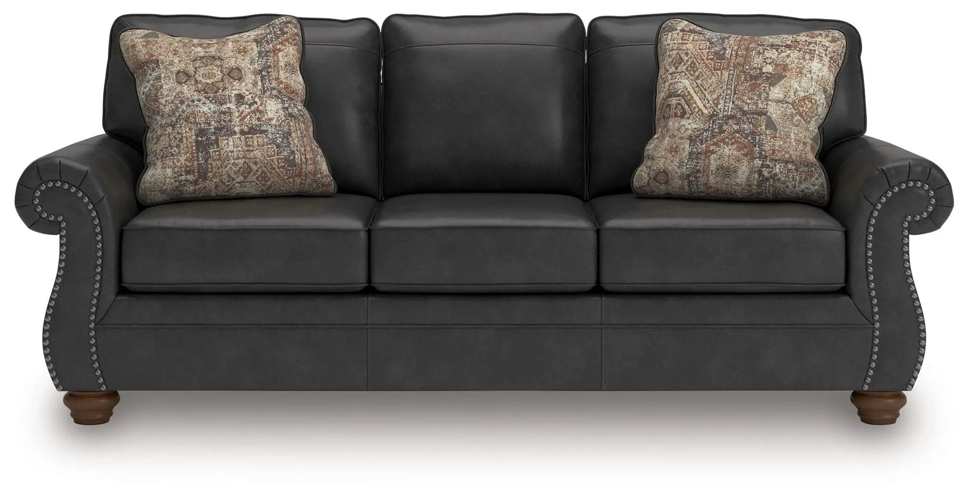 Chasemore sofa, stationary black leather with nailhead arms by Unique Piece Furniture on Tampa Home & Garden Store
