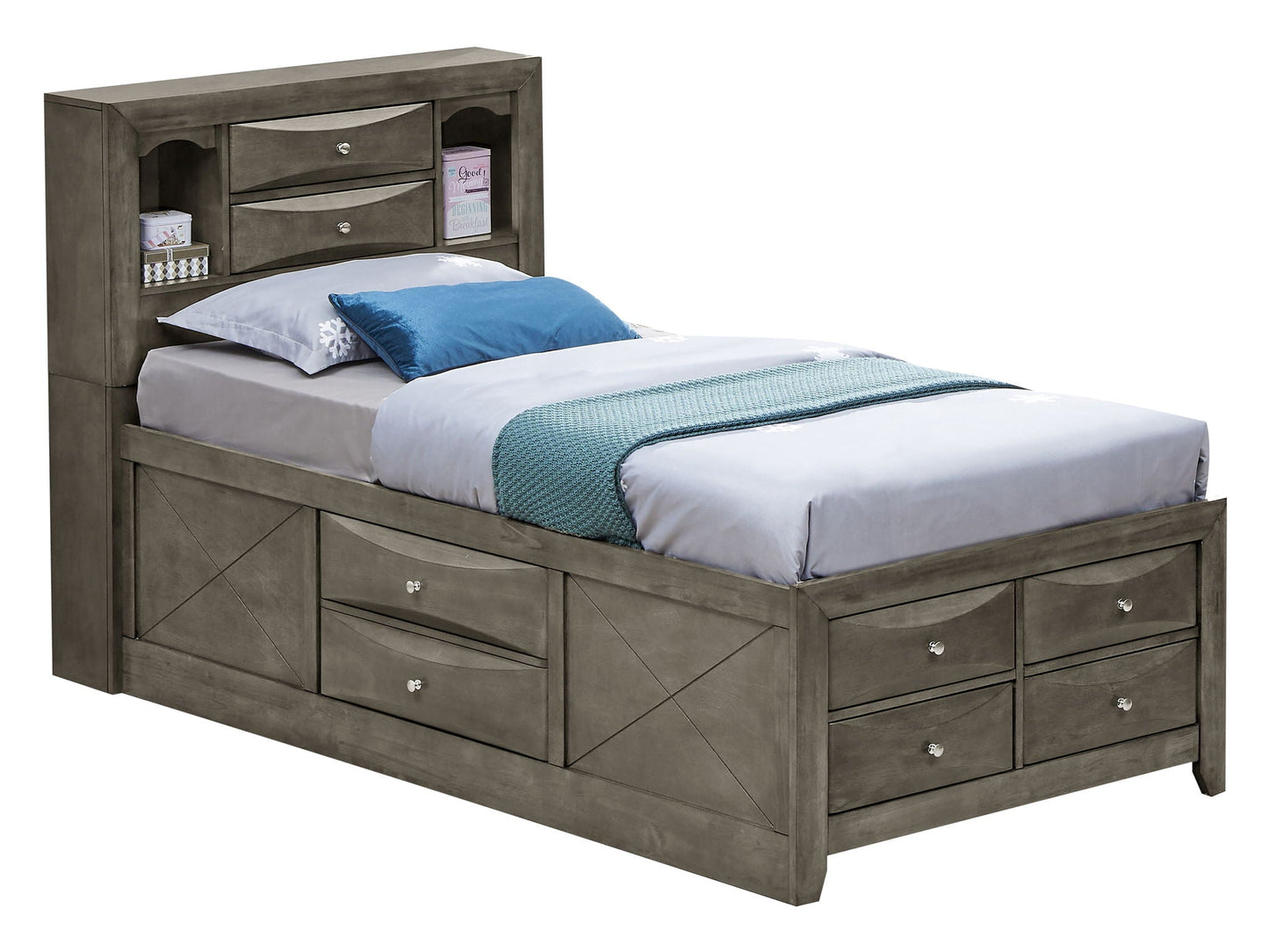 Storage bed with bookcase headboard in gray wood finish, built-in drawers and shelves on Tampa Home & Garden Store