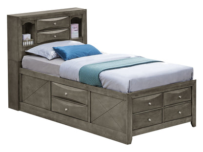 Storage bed with bookcase headboard in gray wood finish, built-in drawers and shelves on Tampa Home & Garden Store