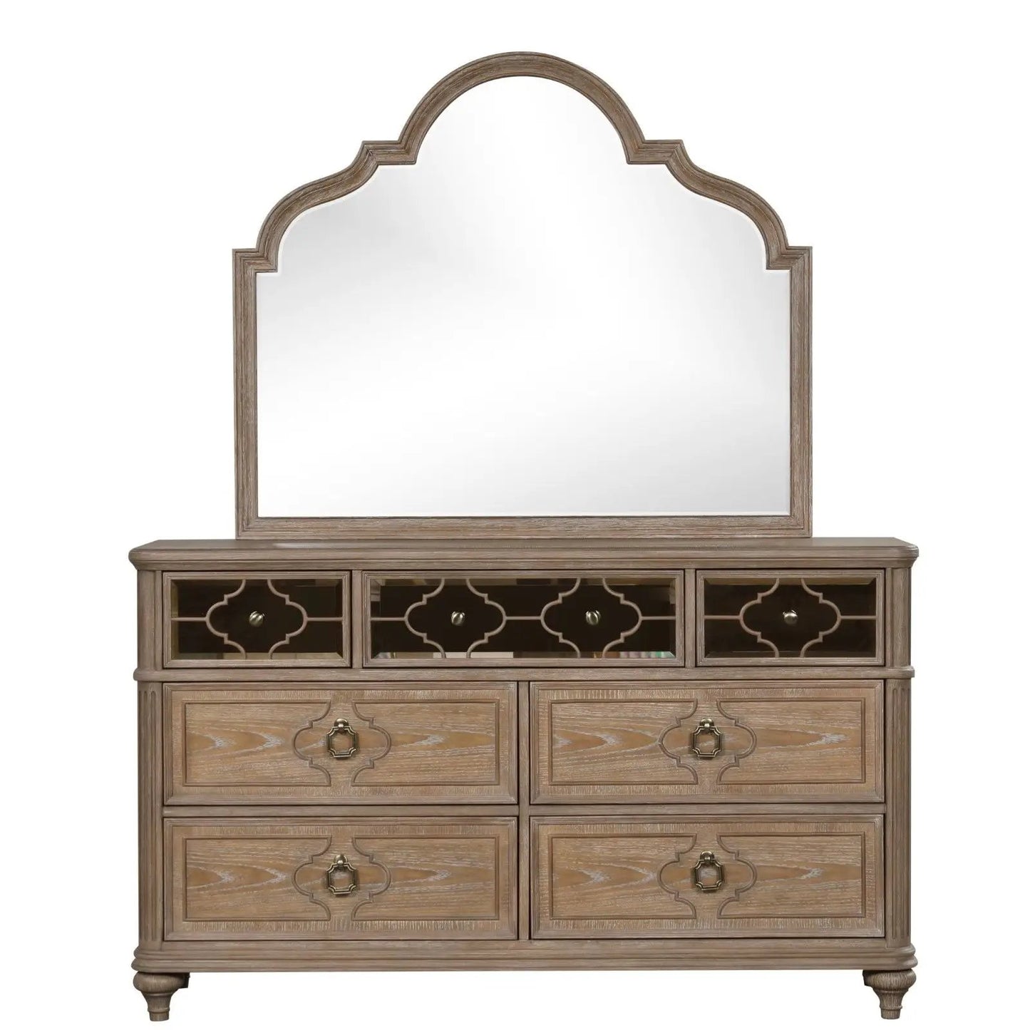 Dresser with arched mirror in rustic oak finish, dovetail drawers by Unique Piece Furniture on Tampa Home & Garden Store
