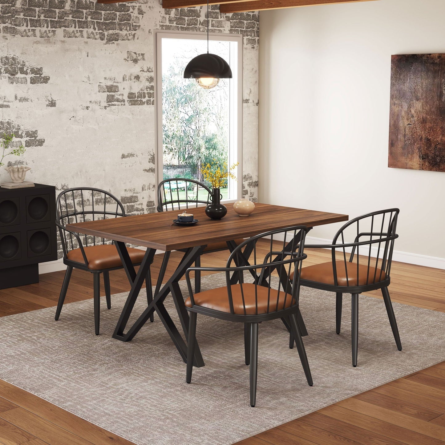 Industrial upholstered dining chairs with metal legs and brown cushions set of 2 in dining room on Tampa Home & Garden Store