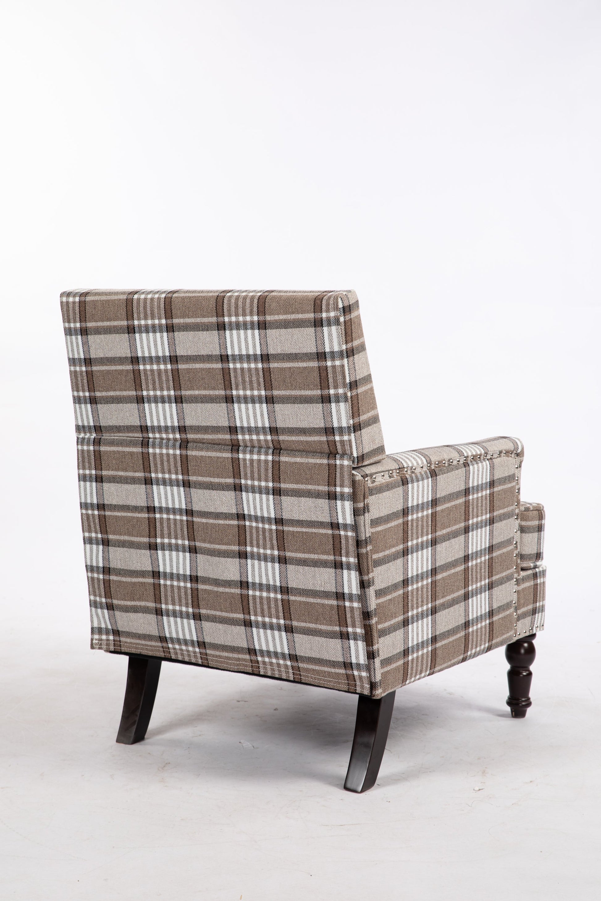 Upholstered Accent Chair in brown plaid fabric with nailhead trim on Tampa Home & Garden Store