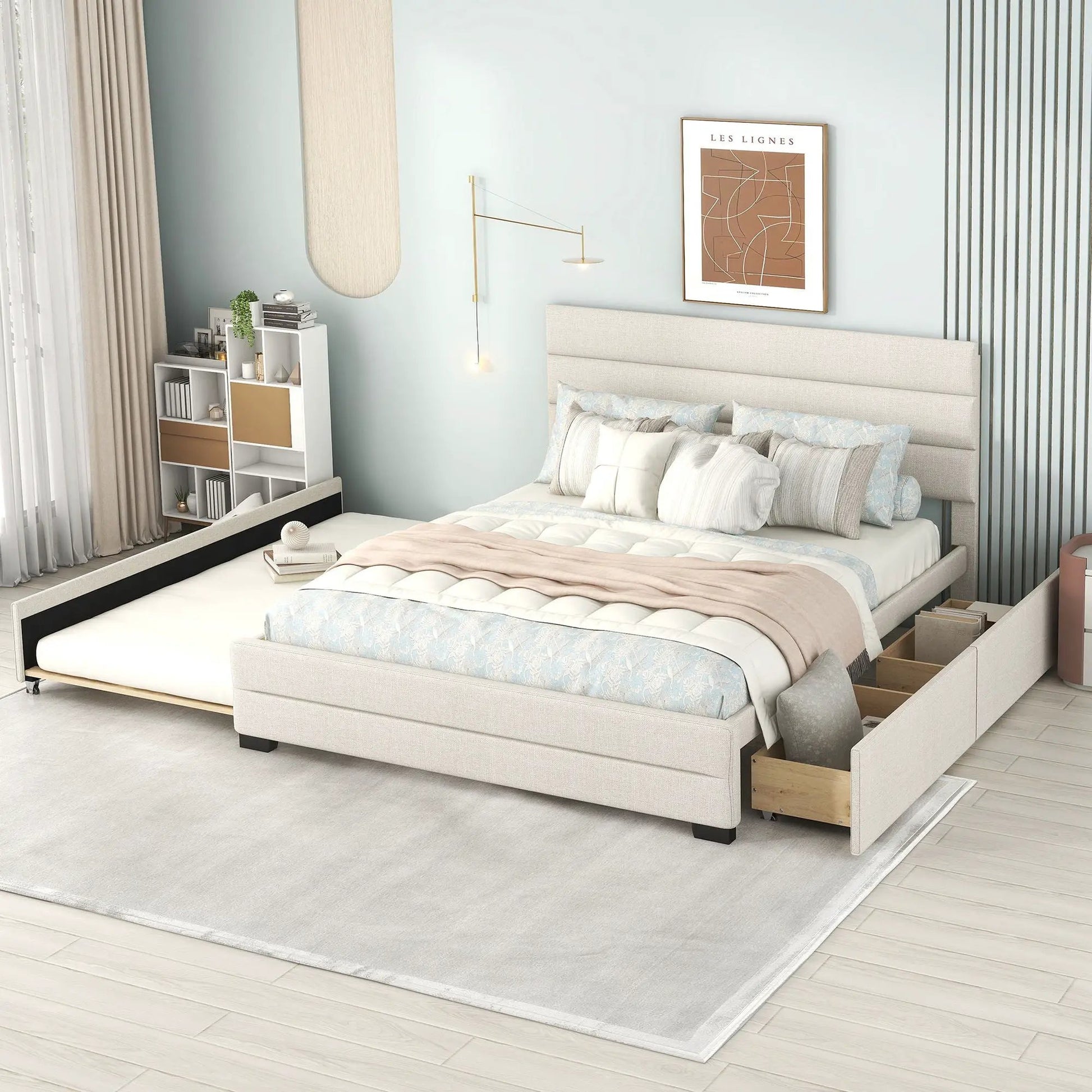 Queen platform bed beige upholstery with twin trundle and 2 storage drawers in bedroom on Tampa Home & Garden Store