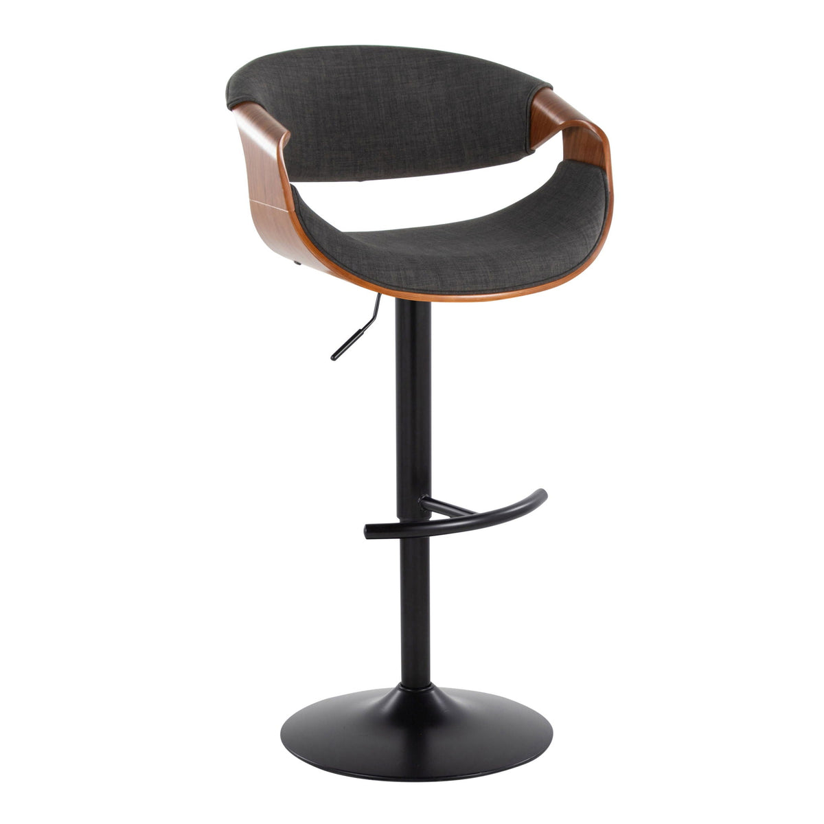 Mid-Century barstool with swivel, dark gray fabric, walnut wood frame, black pedestal base on Tampa Home & Garden Store