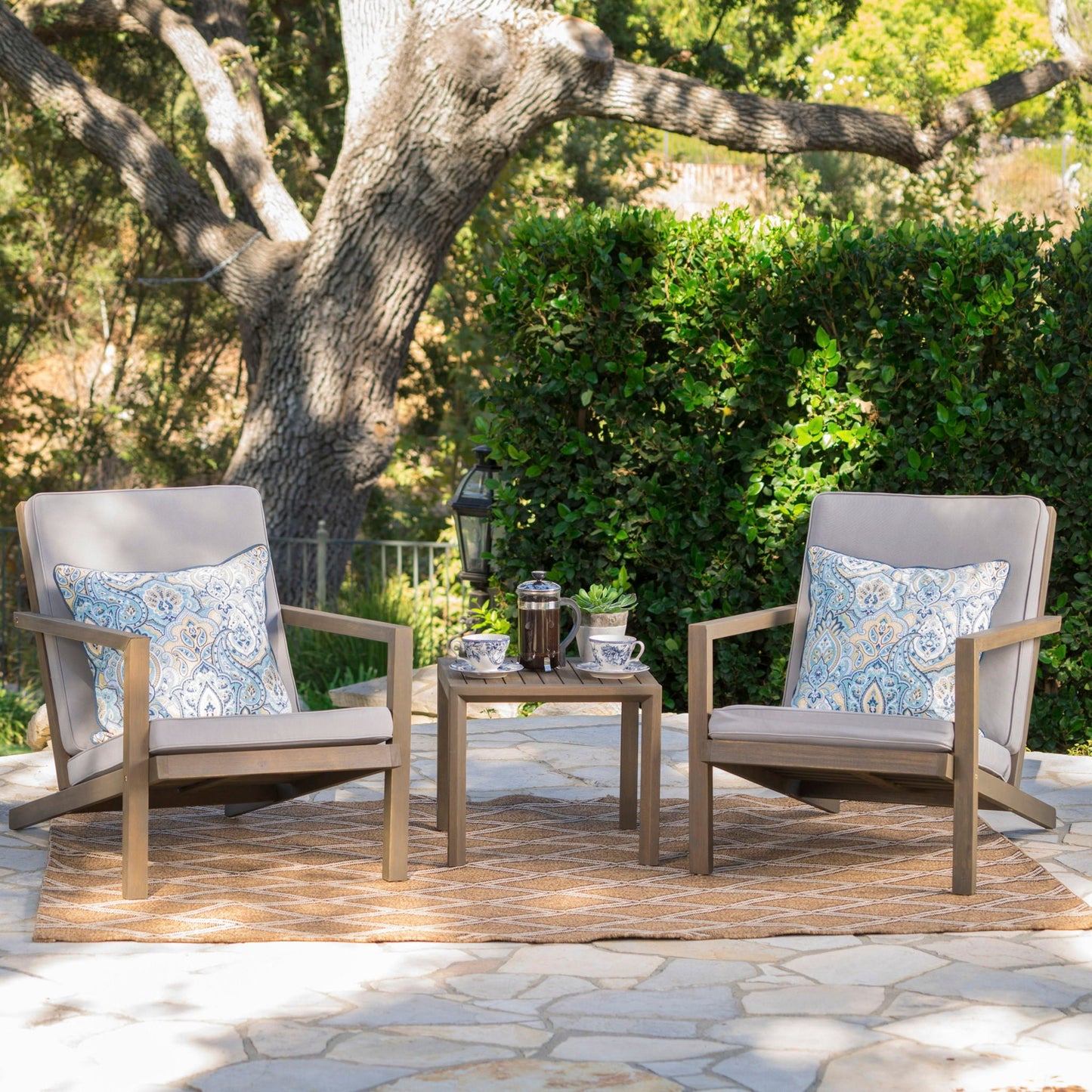 Celestaria 3-Piece Outdoor Chat Set with 2 Adirondack chairs and table, gray cushions on Tampa Home & Garden Store