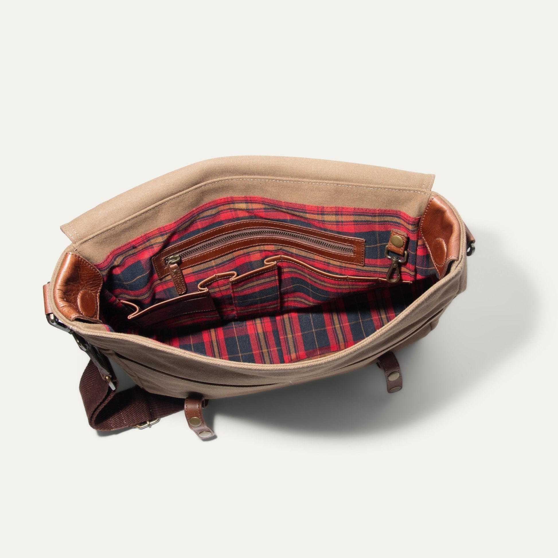 Wallace Messenger Bag by Will Leather Goods, tan canvas with leather trim and plaid lining on Tampa Home & Garden Store