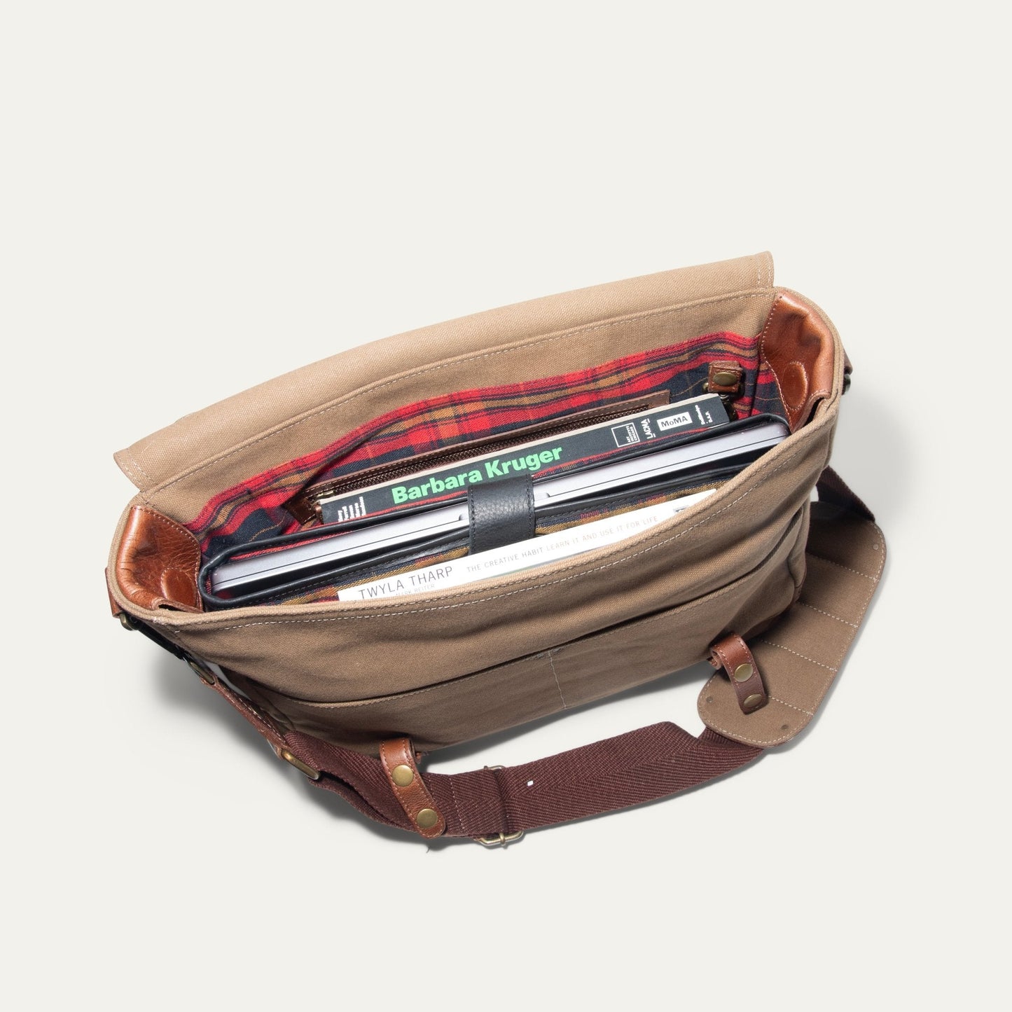 Wallace Messenger Bag by Will Leather Goods; tan canvas with leather trim, plaid interior on Tampa Home & Garden Store