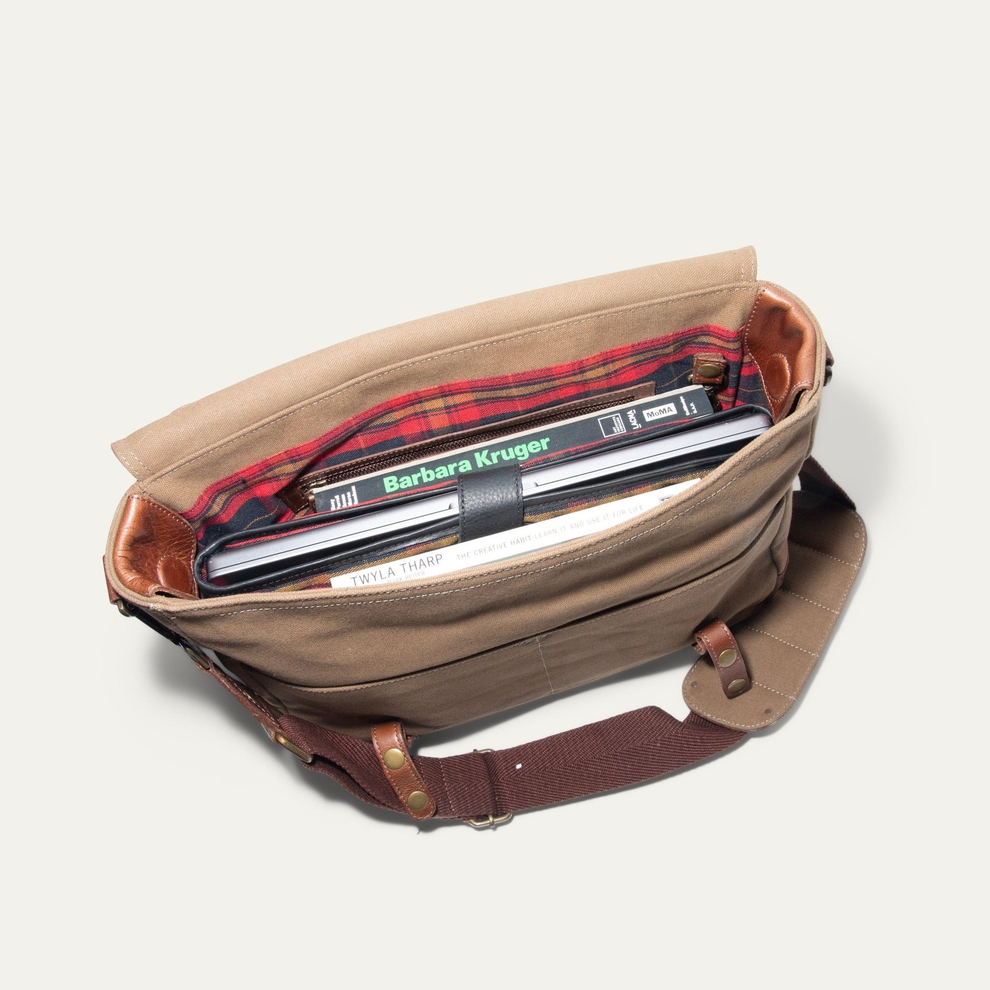 Wallace Messenger Bag by Will Leather Goods; tan canvas with leather trim, plaid interior on Tampa Home & Garden Store