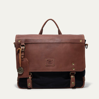 Wallace Messenger Bag by Will Leather Goods, brown leather with brass hardware and navy base on Tampa Home & Garden Store