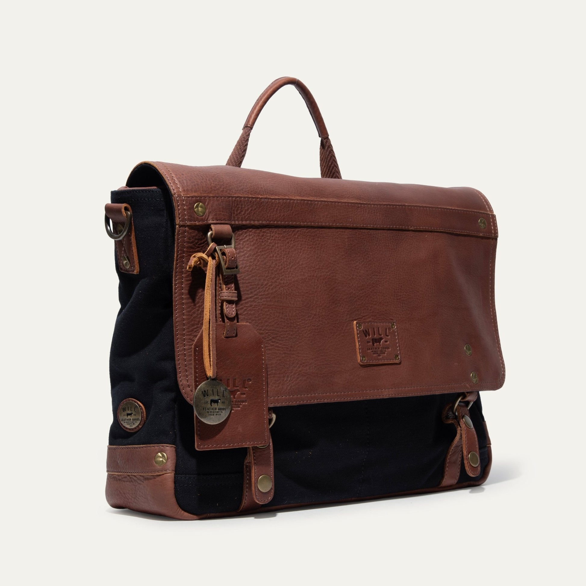 Wallace Messenger Bag by Will Leather Goods, brown leather with black canvas on Tampa Home & Garden Store