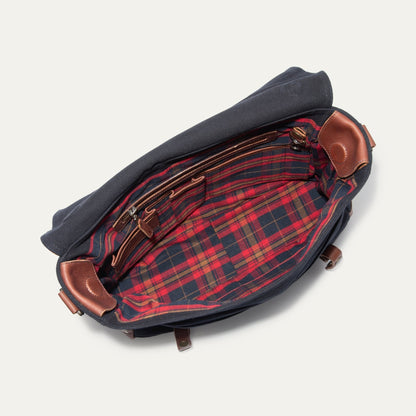 Wallace Messenger Bag by Will Leather Goods; navy canvas, leather trim, plaid lining on Tampa Home & Garden Store