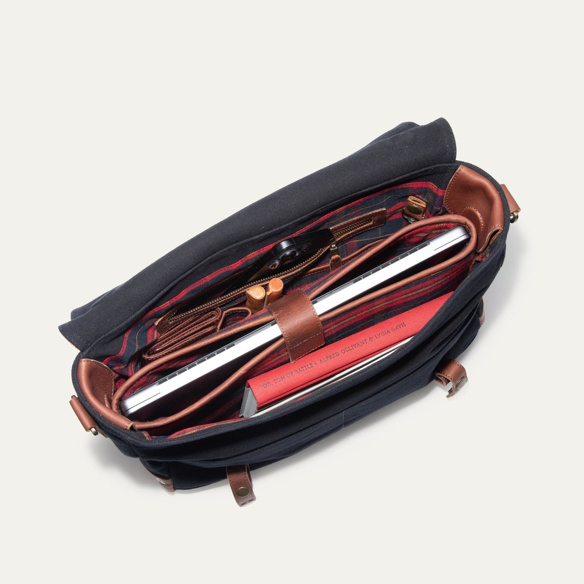 Wallace Messenger Bag by Will Leather Goods, navy fabric with tan leather trim on Tampa Home & Garden Store