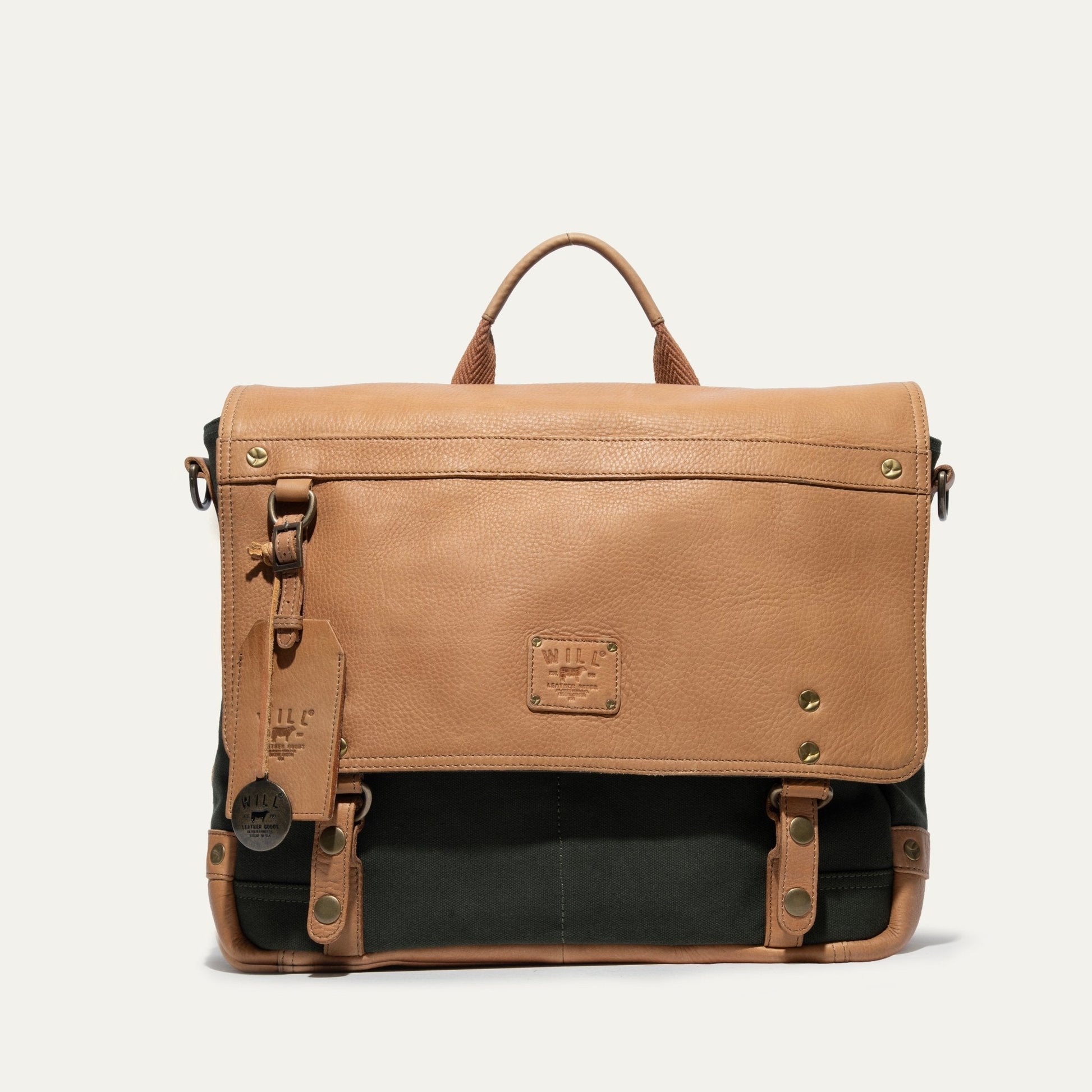 Wallace Messenger Bag by Will Leather Goods, tan leather with brass hardware on Tampa Home & Garden Store