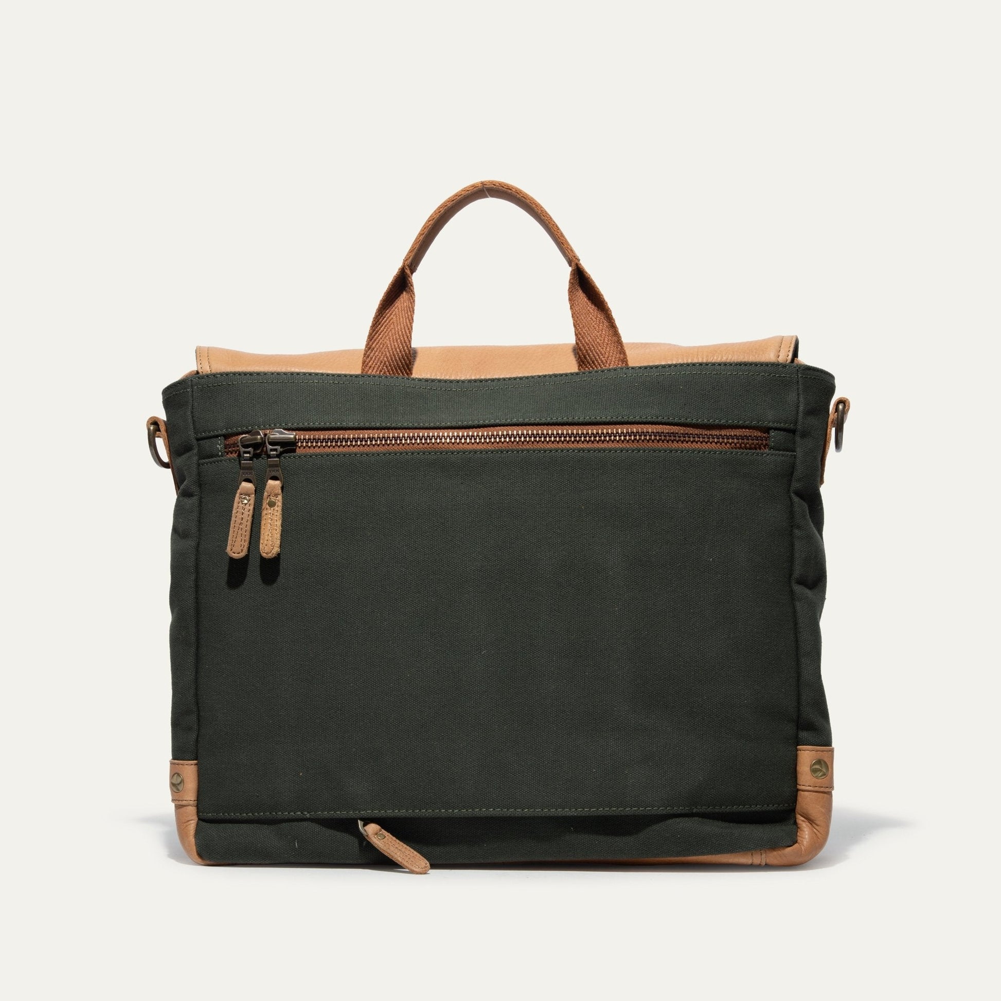 Wallace Messenger Bag by Will Leather Goods, dark green canvas with tan leather handles on Tampa Home & Garden Store