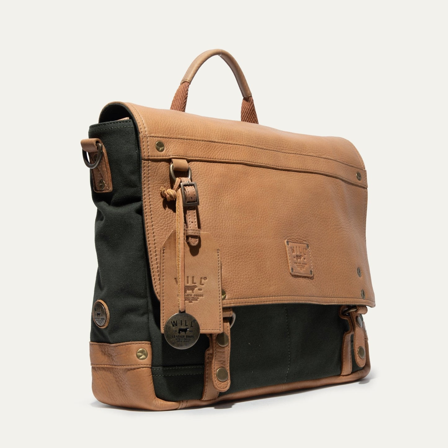 Wallace Messenger Bag Will Leather Goods tan leather with black canvas sides and brass hardware on Tampa Home & Garden Store