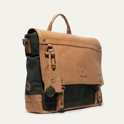 Wallace Messenger Bag Will Leather Goods tan leather with black canvas sides and brass hardware on Tampa Home & Garden Store
