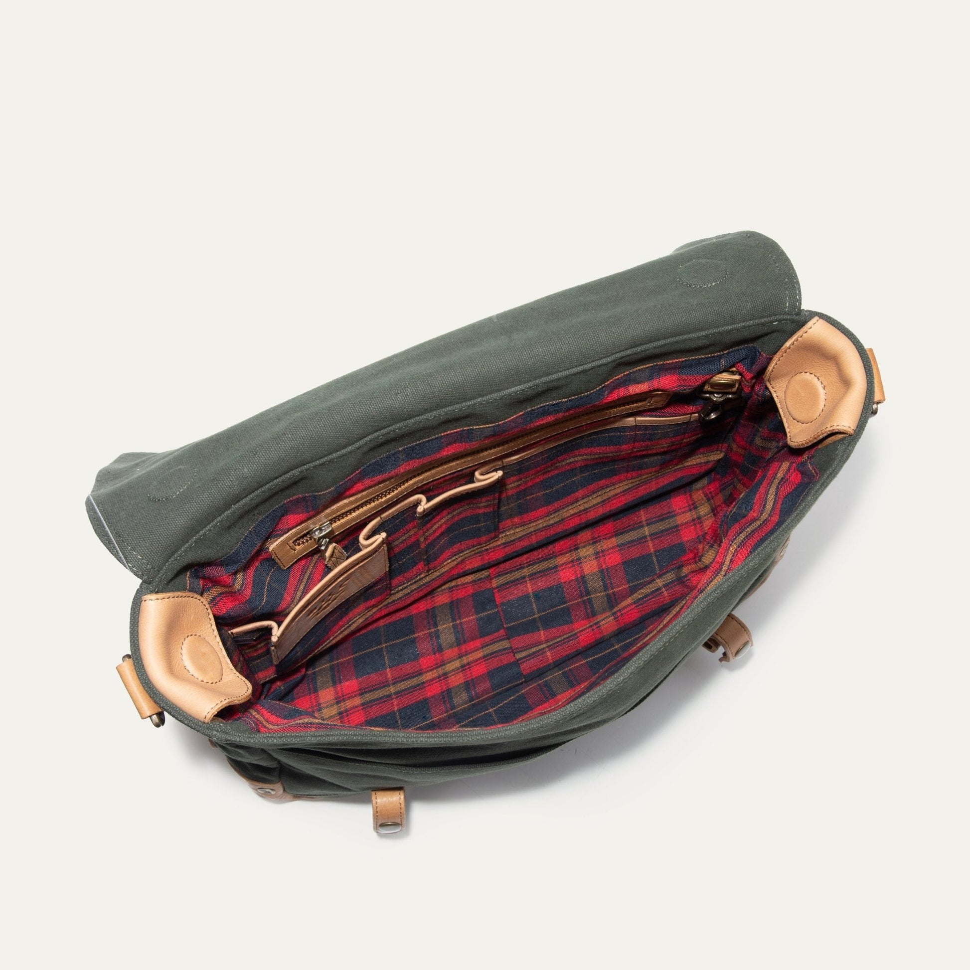 Wallace Messenger Bag by Will Leather Goods; olive canvas with tan accents and plaid lining on Tampa Home & Garden Store
