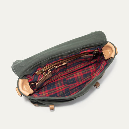 Wallace Messenger Bag by Will Leather Goods; olive canvas with tan accents and plaid lining on Tampa Home & Garden Store