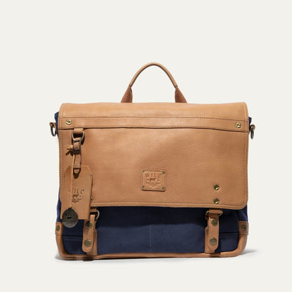 Wallace Messenger Bag in tan pebbled leather with navy canvas base by Will Leather Goods on Tampa Home & Garden Store