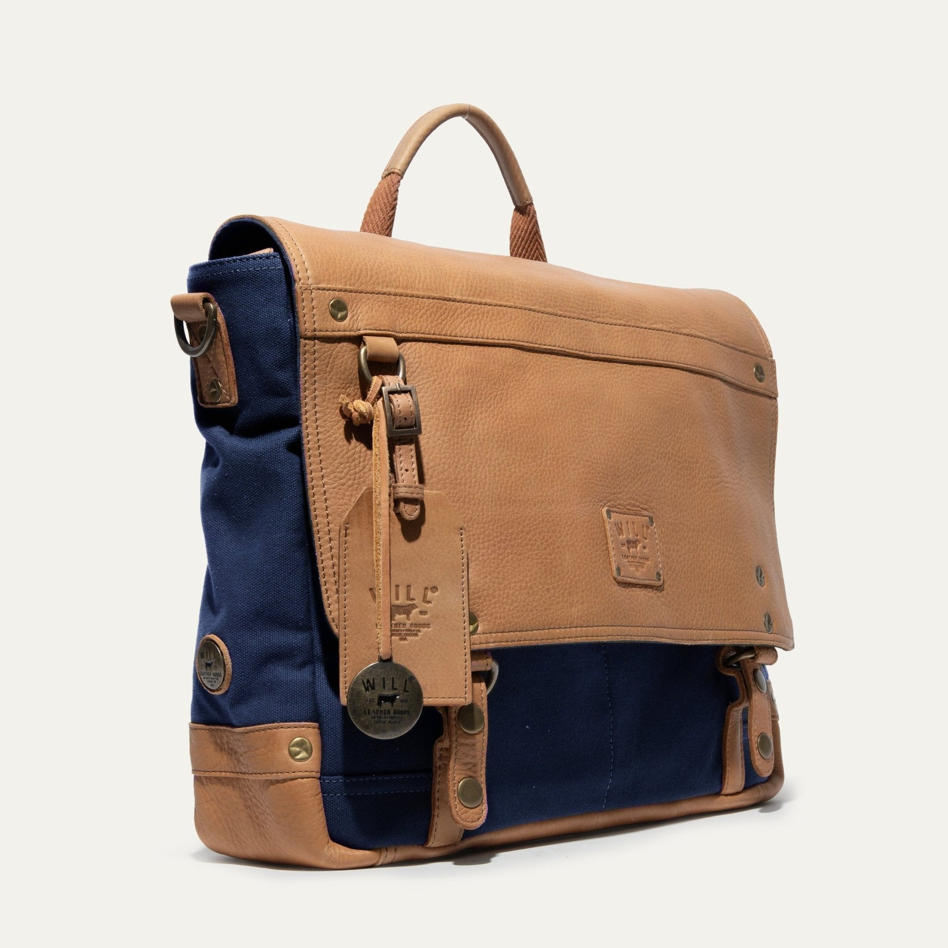 Wallace Messenger Bag by Will Leather Goods, tan leather with navy canvas body on Tampa Home & Garden Store