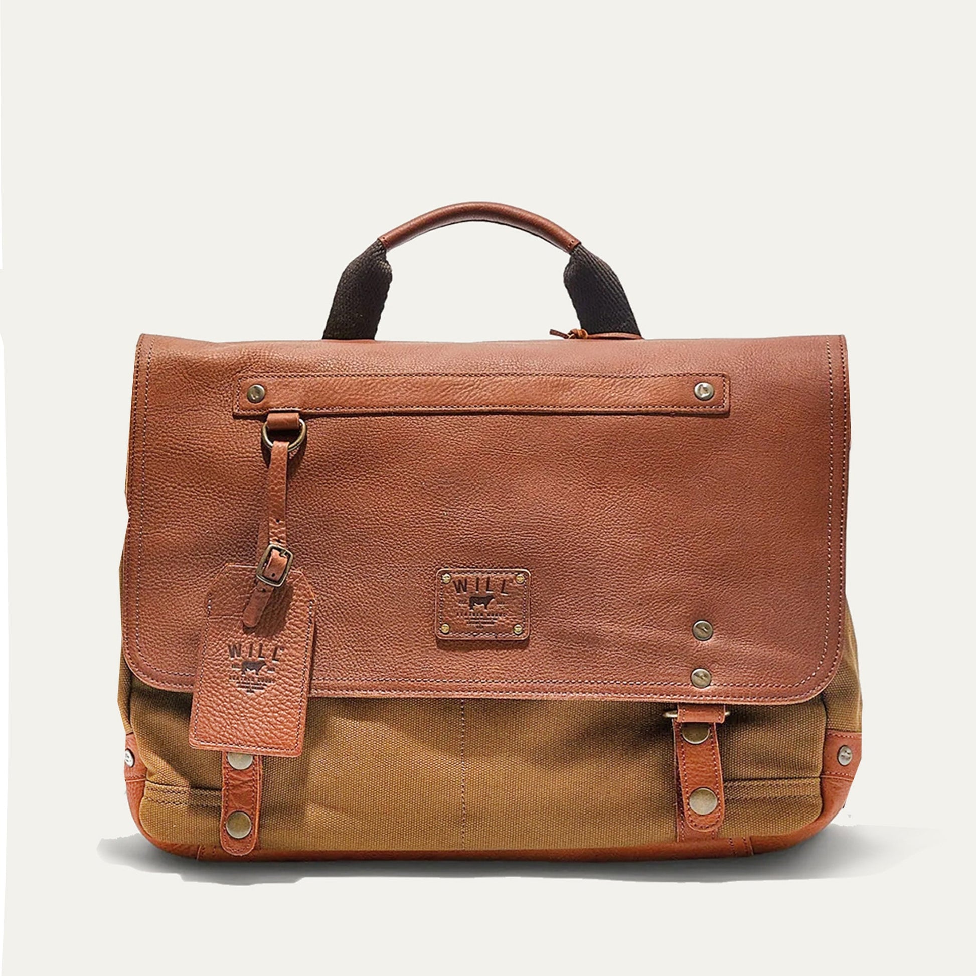 Wallace Messenger Bag brown leather by Will Leather Goods with top handle on Tampa Home & Garden Store