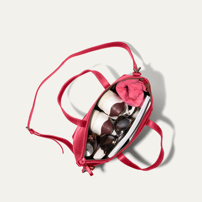 Will Leather Goods Simple Satchel pink leather bag with strap open showing pink scarf on Tampa Home & Garden Store