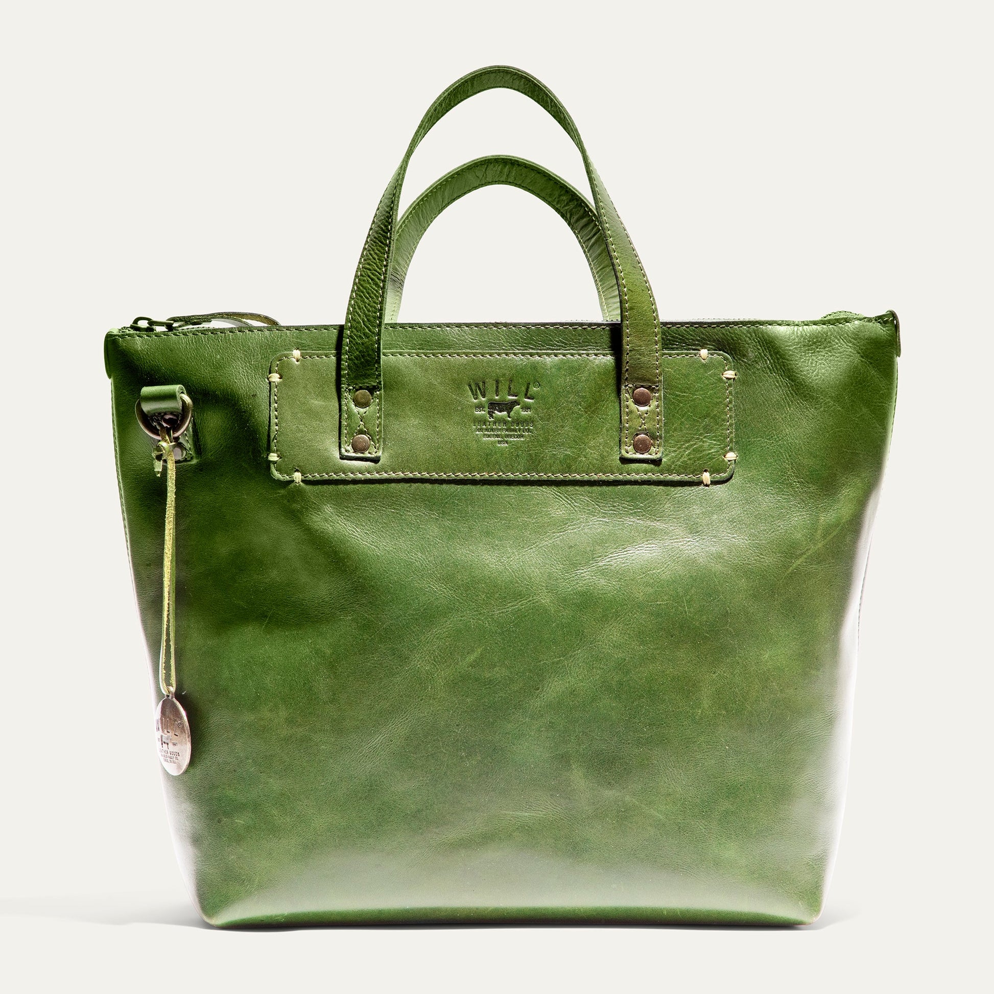 Simple Satchel green leather bag by Will Leather Goods with front embossed logo on Tampa Home & Garden Store
