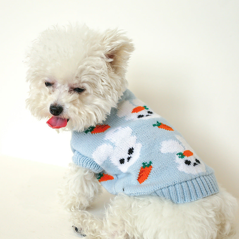 Pet Zen bowknot knit dog sweater with panda-face and carrot pattern on light blue on Tampa Home & Garden Store