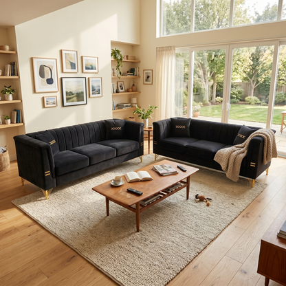 Elegant Two Piece Velvet Sofa Set and Cushion