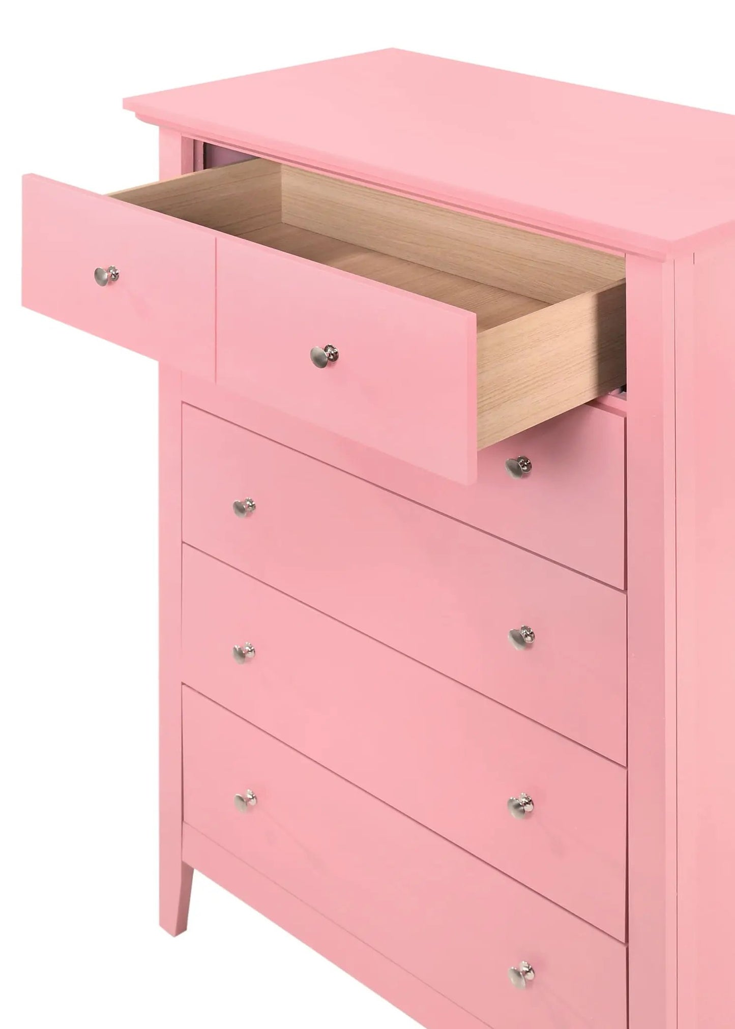 Hammond pink accent chest with chrome knobs and top drawer interior by Unique Piece Furniture on Tampa Home & Garden Store