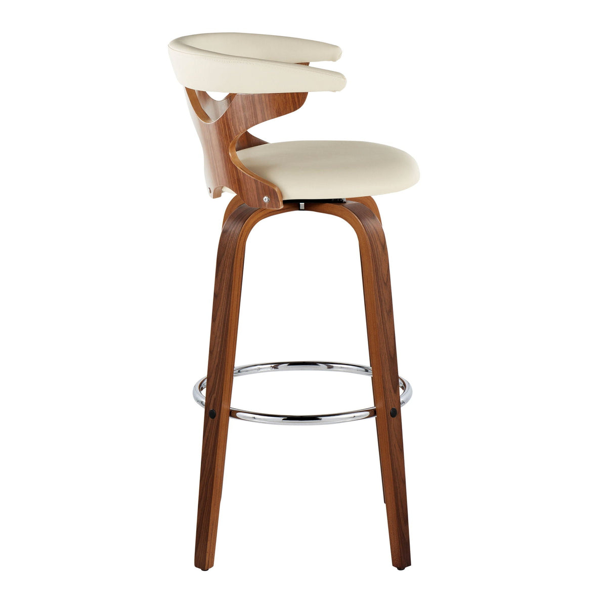 Mid Century Modern Swivel Barstool with padded cream upholstery wood frame chrome footrest on Tampa Home & Garden Store