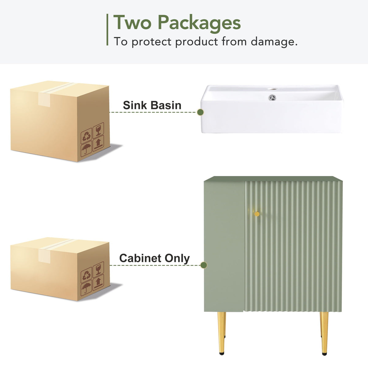 Bathroom vanity with white ceramic sink basin and green ribbed cabinet on gold legs; two boxes on Tampa Home & Garden Store
