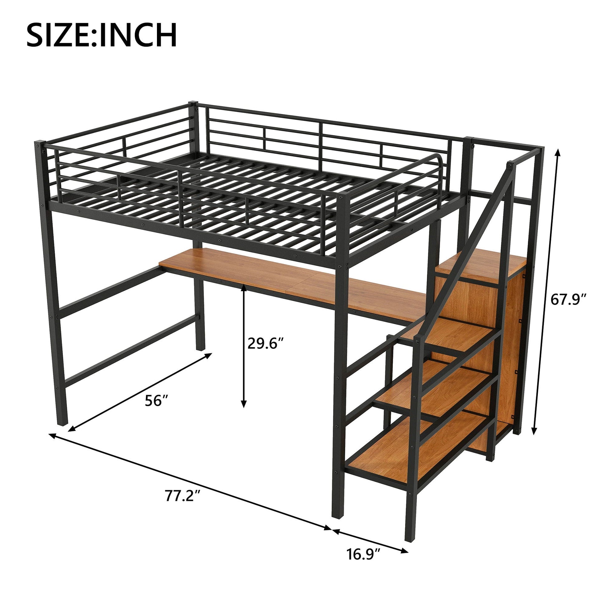 Loft bed with desk, storage staircase and wardrobe in black metal frame HouseOfZazla LED light on Tampa Home & Garden Store
