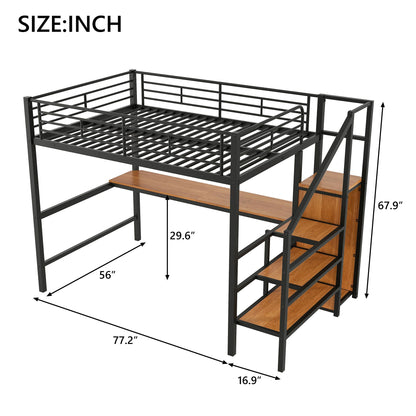 Loft bed with desk, storage staircase and wardrobe in black metal frame HouseOfZazla LED light on Tampa Home & Garden Store