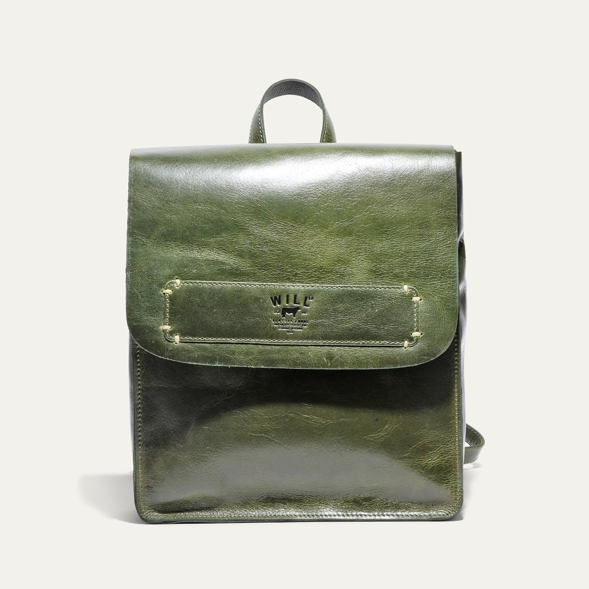 Simple Backpack by Will Leather Goods in metallic olive-green leather with top handle on Tampa Home & Garden Store