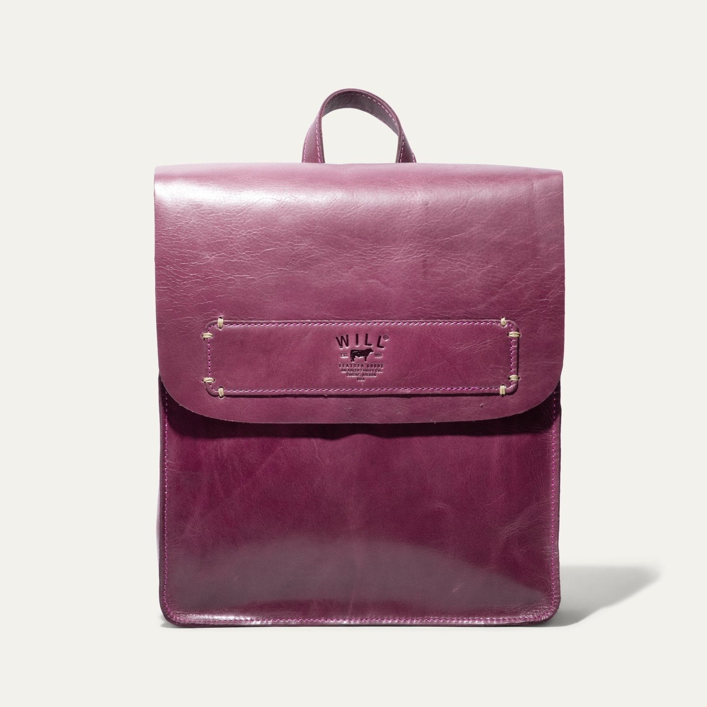 Simple Backpack by Will Leather Goods, pink leather with front patch on Tampa Home & Garden Store