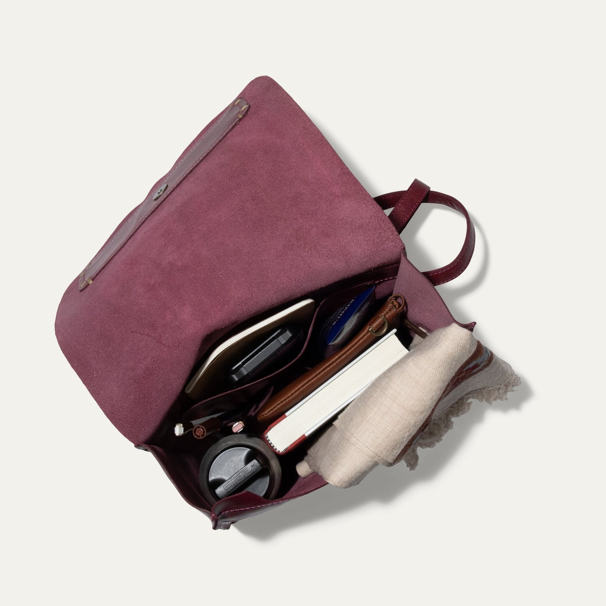 Simple Backpack by Will Leather Goods, burgundy suede with leather straps on Tampa Home & Garden Store
