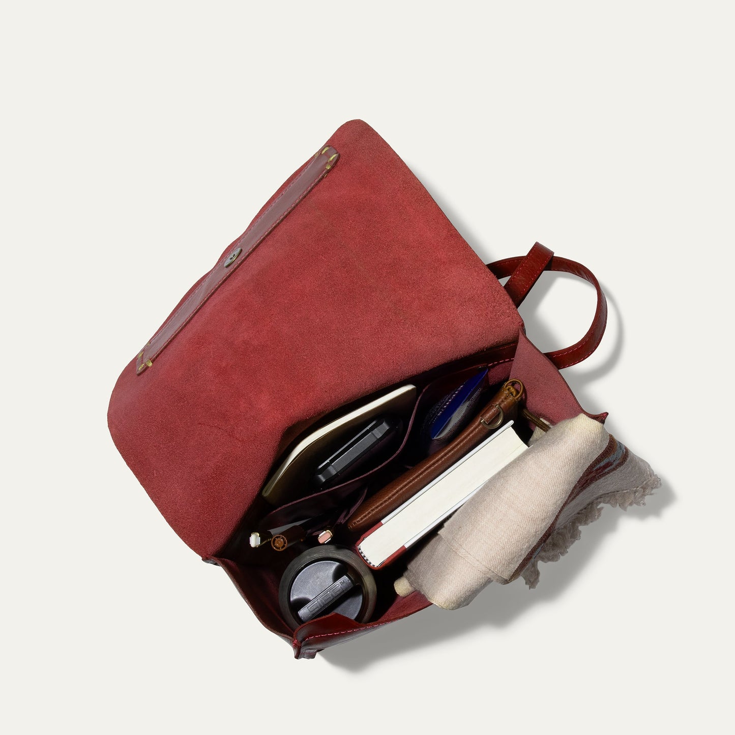 Simple Backpack red suede by Will Leather Goods with leather trim, opened to show notebooks on Tampa Home & Garden Store