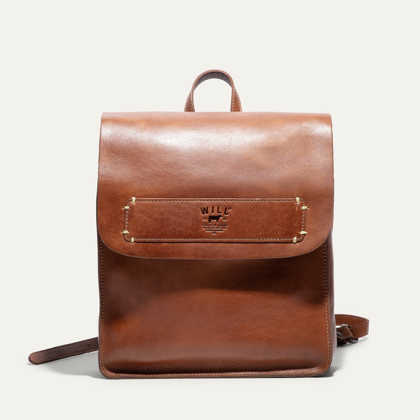 Will Leather Goods Simple Backpack brown leather with top handle and stitched front pocket on Tampa Home & Garden Store