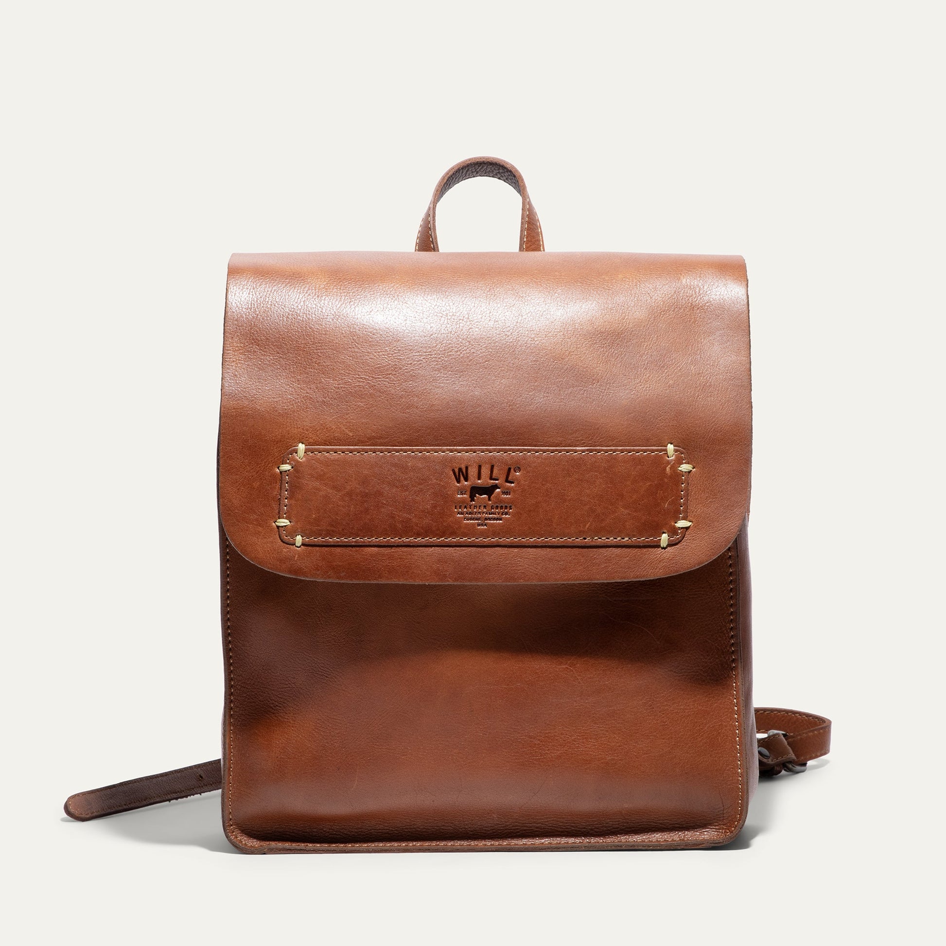 Will Leather Goods Simple Backpack brown leather with top handle and stitched front pocket on Tampa Home & Garden Store