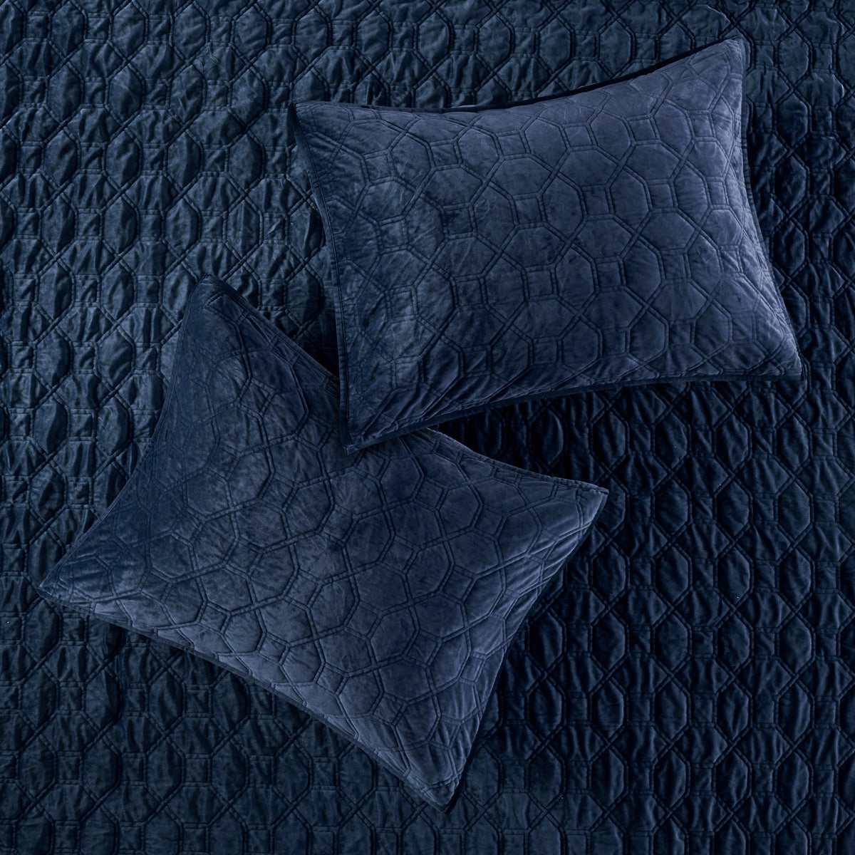 Navy velvet quilt set 3-piece king/cal king with geometric stitching and two shams on Tampa Home & Garden Store