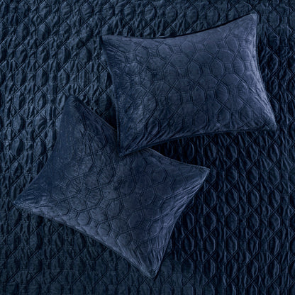 Navy velvet quilt set 3-piece king/cal king with geometric stitching and two shams on Tampa Home & Garden Store