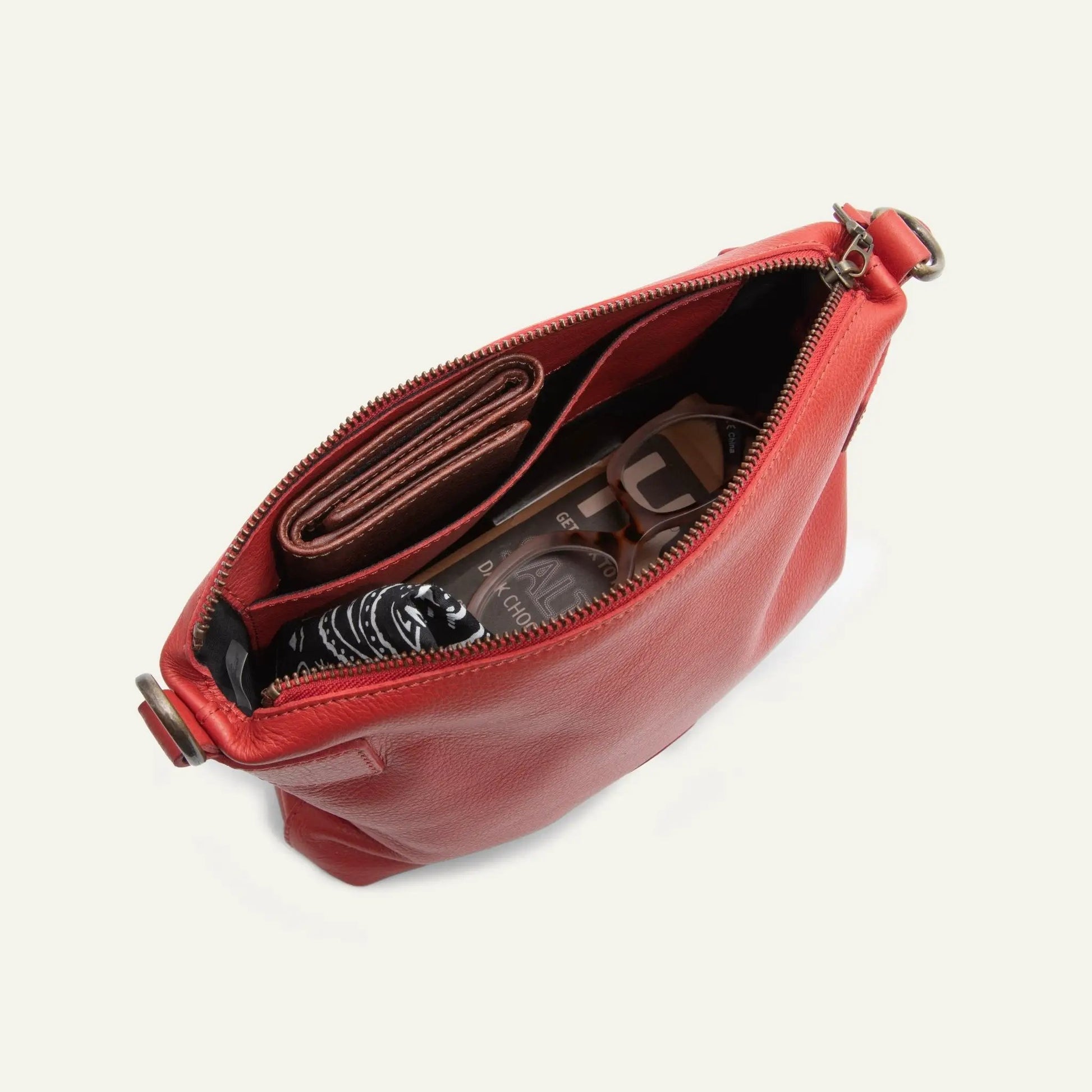 Milan Convertible Topzip Leather Bag red leather with brass zipper and interior organization on Tampa Home & Garden Store
