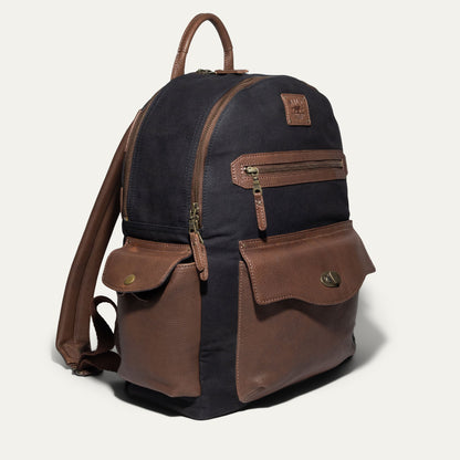 Canvas & Leather Backpack by Will Leather Goods navy canvas with brown leather trim on Tampa Home & Garden Store